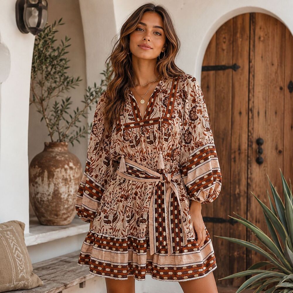 Cleobella Magdalena Boho Floral Peasant Dress Belted Tassel Size Small